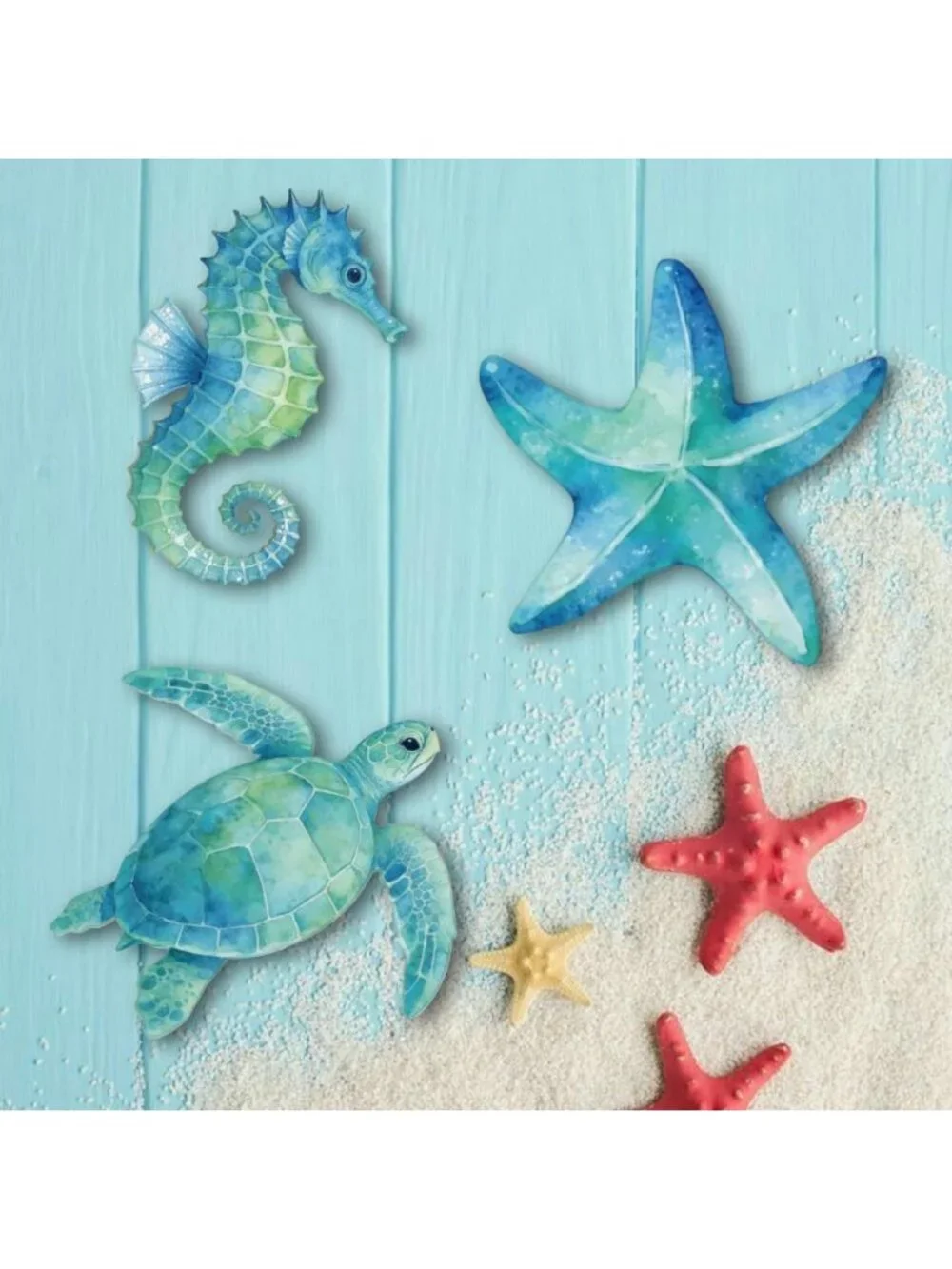 Seahorse Wall Decor Set - Ocean Sculptures, Blue Sea Turtle & Starfish Art for